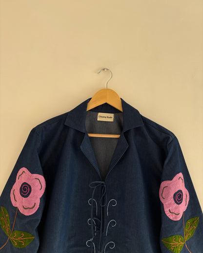 Whimsy Appliqué Denim Tie-Up Top
