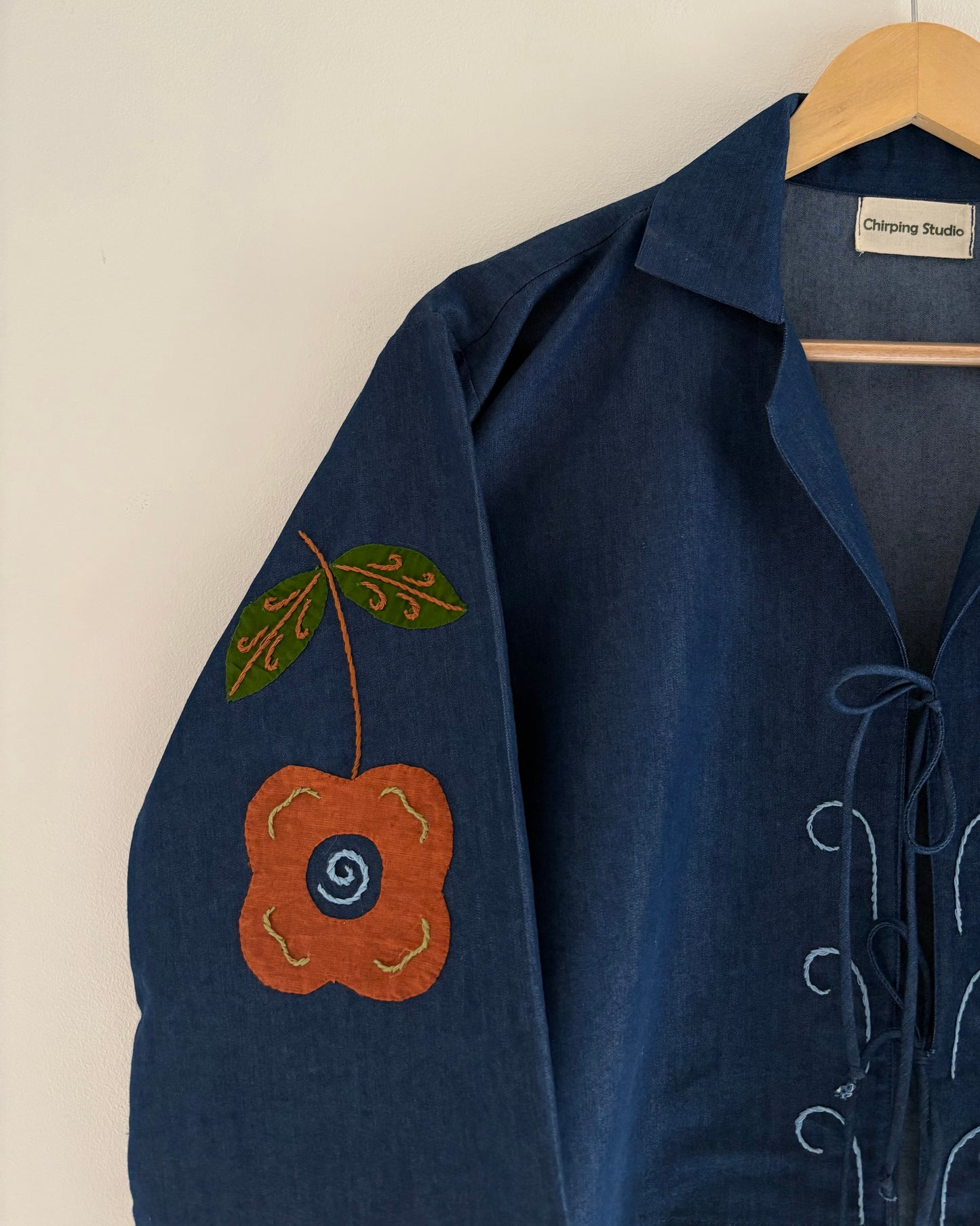 Whimsy Appliqué Denim Tie-Up Top